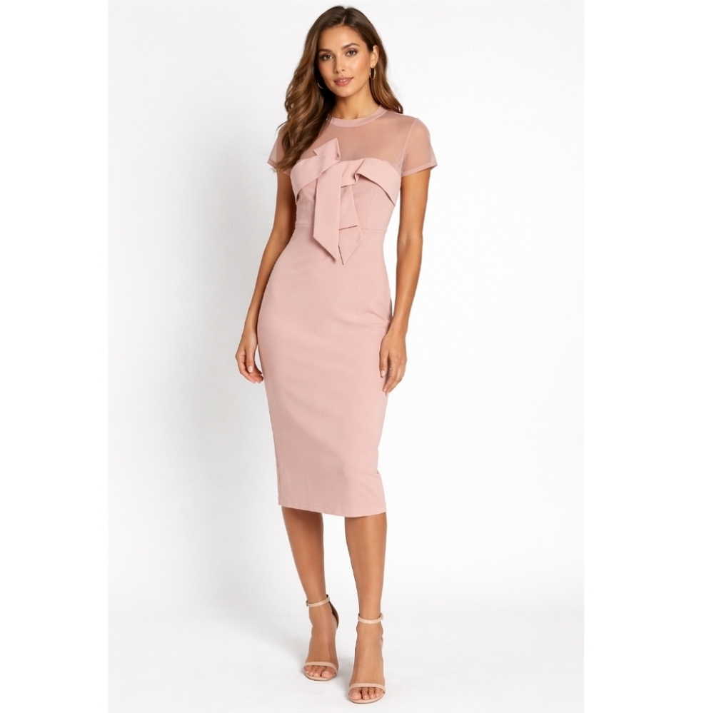 JS Collection Blush Roselle Bow Cocktail Midi Dress New Size 6
